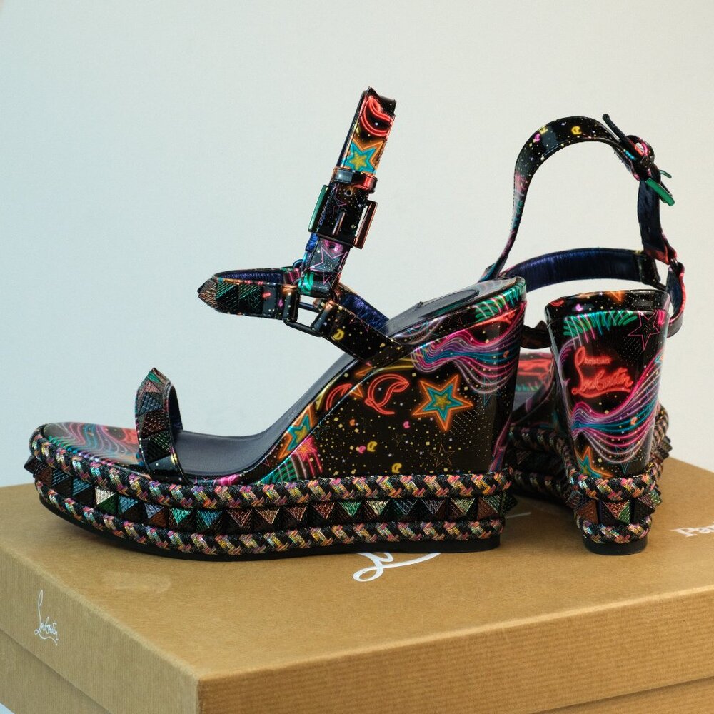 Christian Louboutin Pyraclou 110 Black Starlight Platform Wedge Sandal Heel
